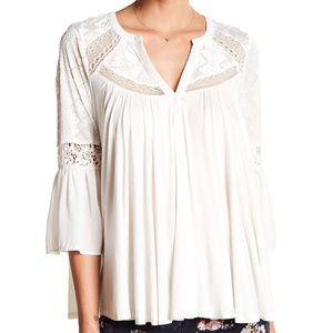 LEJON White Lace Trim Bell Sleeve Flowy Blouse NWT